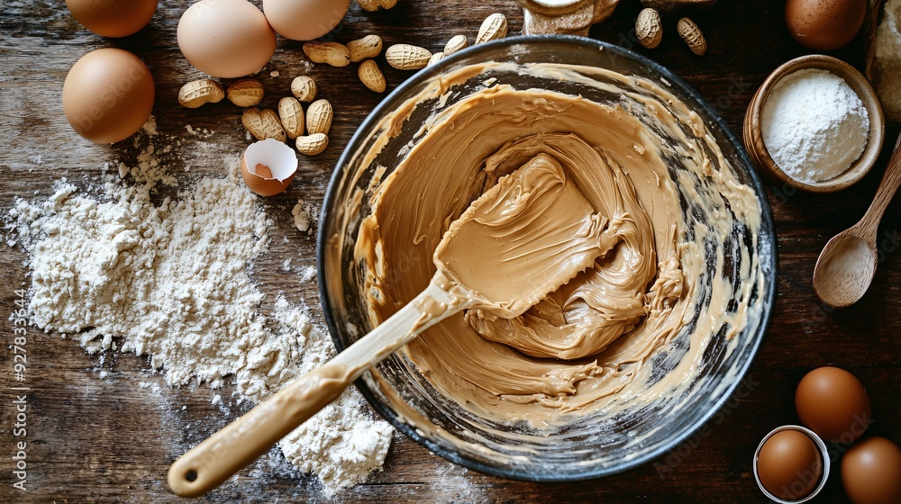 A rustic kitchen scene with a peanut butter-coated spatula resting on a mixing bowl, surrounded by baking ingredients like flour, sugar, and eggs on a wooden table A rustic kitchen scene with a peanut butter-coated spatula resting on a mixing bowl, surrounded by baking ingredients like flour, sugar, and eggs on a wooden table