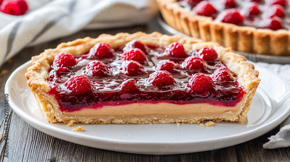 A rustic peanut butter and jelly tart, with a flaky crust and a thick layer of peanut butter and raspberry jelly, served on a simple white plate with a wooden background A rustic peanut butter and jelly tart, with a flaky crust and a thick layer of peanut butter and raspberry jelly, served on a simple white plate with a wooden background