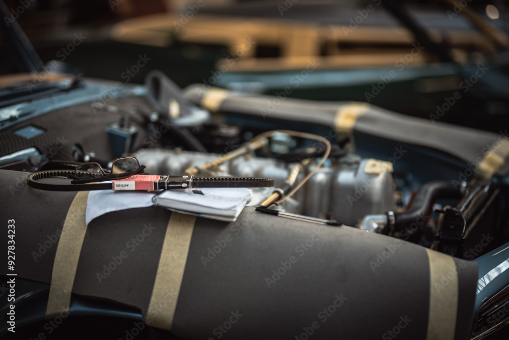 Fototapeta premium Classic, luxury car ongoing restoration process in a garage.