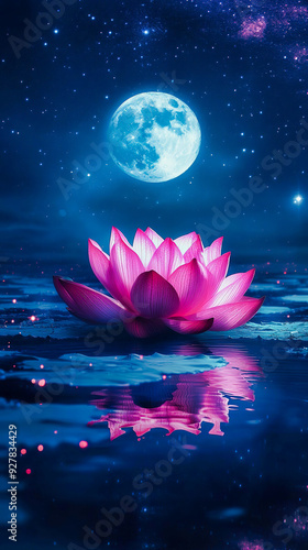 Lotus flower glows softly in moonlit water at night. Cell phone wallpaper.