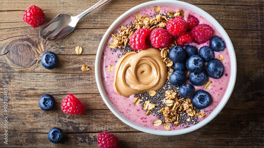 A vibrant breakfast scene featuring a smoothie bowl topped with a swirl of peanut butter, fresh berries, granola, and a sprinkle of chia seeds, all set on a rustic wooden table A vibrant breakfast scene featuring a smoothie bowl topped with a swirl of peanut butter, fresh berries, granola, and a sprinkle of chia seeds, all set on a rustic wooden table