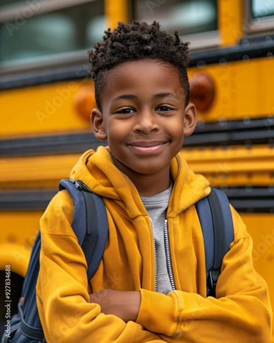 black boy on the background of a school bus