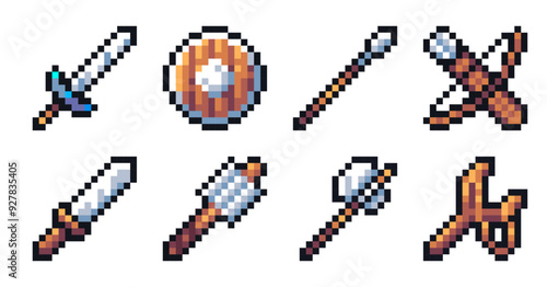 Set of pixel art weapons for game assets. Icons for 8bit 2d retro games