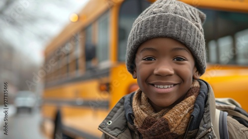 back to school concept with a boy and a school bus