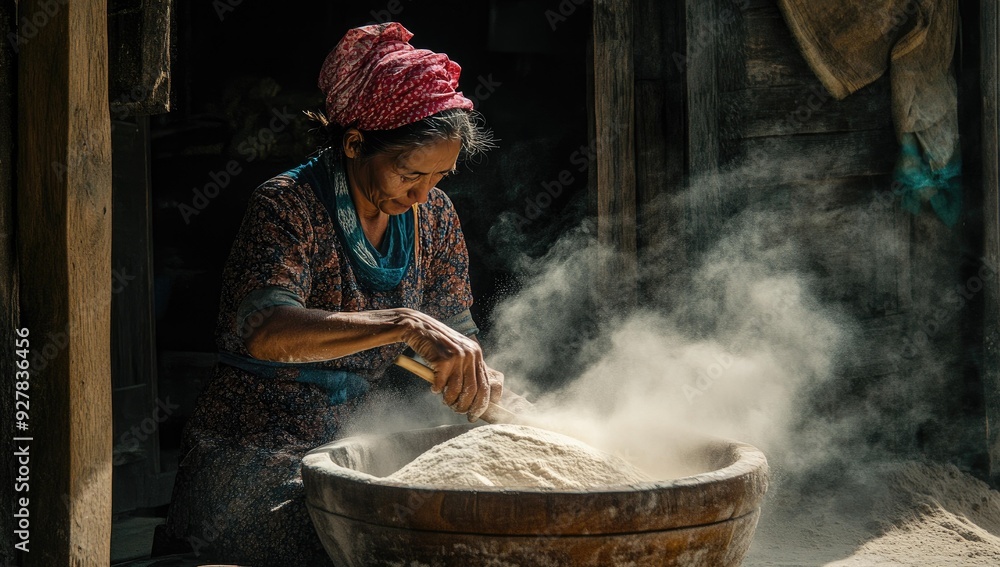 Woman sifting flour into wooden bowl. Woman sifting flour into wooden bowl.