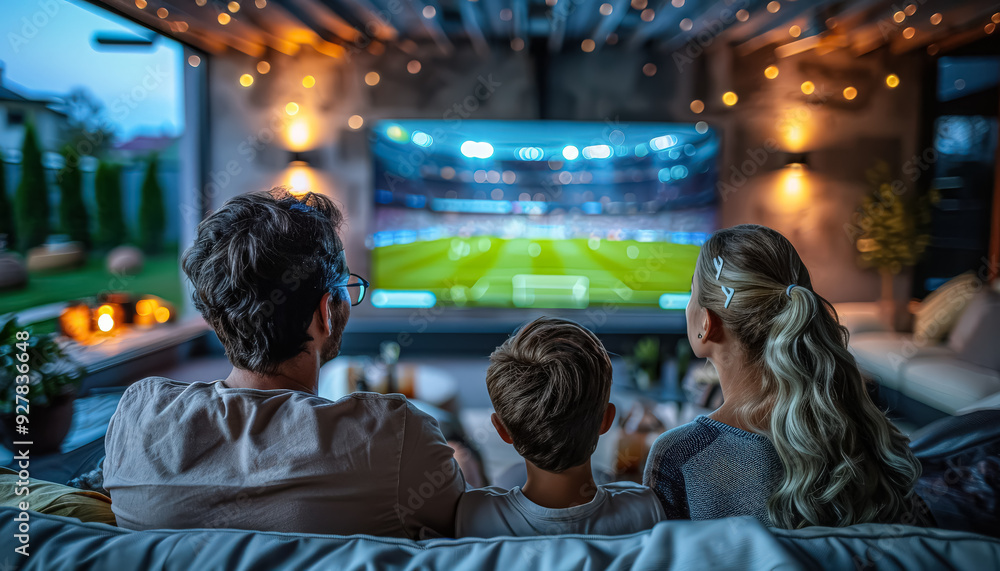 A family of three is watching a soccer game on a television in a living room. The man is wearing a gray shirt and the woman is wearing a brown jacket A family of three is watching a soccer game on a television in a living room. The man is wearing a gray shirt and the woman is wearing a brown jacket