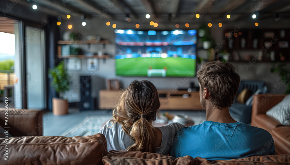 A family of three is watching a soccer game on a television in a living room. The man is wearing a gray shirt and the woman is wearing a brown jacket A family of three is watching a soccer game on a television in a living room. The man is wearing a gray shirt and the woman is wearing a brown jacket