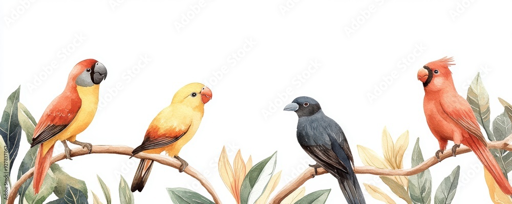 A illustration of colorful birds perched on branches, showcasing their unique plumage in a harmonious natural setting. watercolor Style A illustration of colorful birds perched on branches, showcasing their unique plumage in a harmonious natural setting. watercolor Style