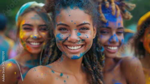 Happy multiracial girlfriends with colorful faces celebrating Holi festival of colors Close-up