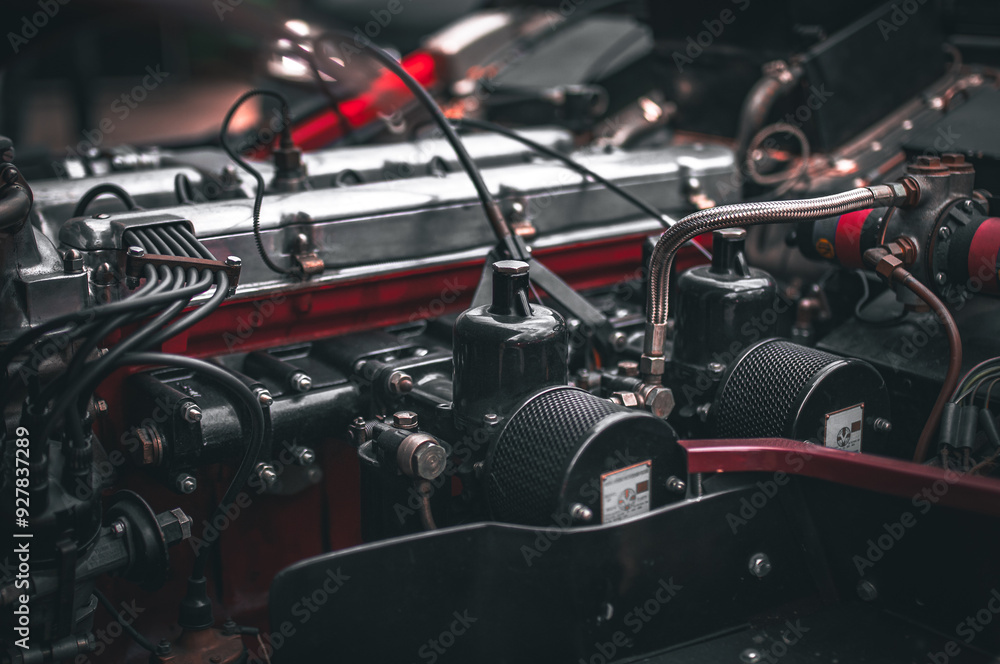 Engine under the bonnet of a classic motor which undergoing full restoration Engine under the bonnet of a classic motor which undergoing full restoration