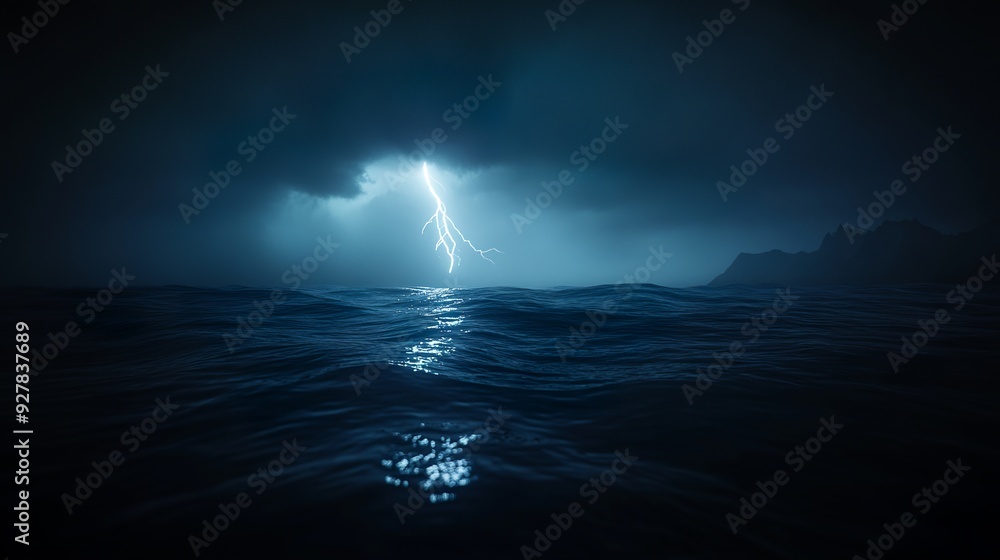 A dark ocean with a lightning strike in the distance A dark ocean with a lightning strike in the distance