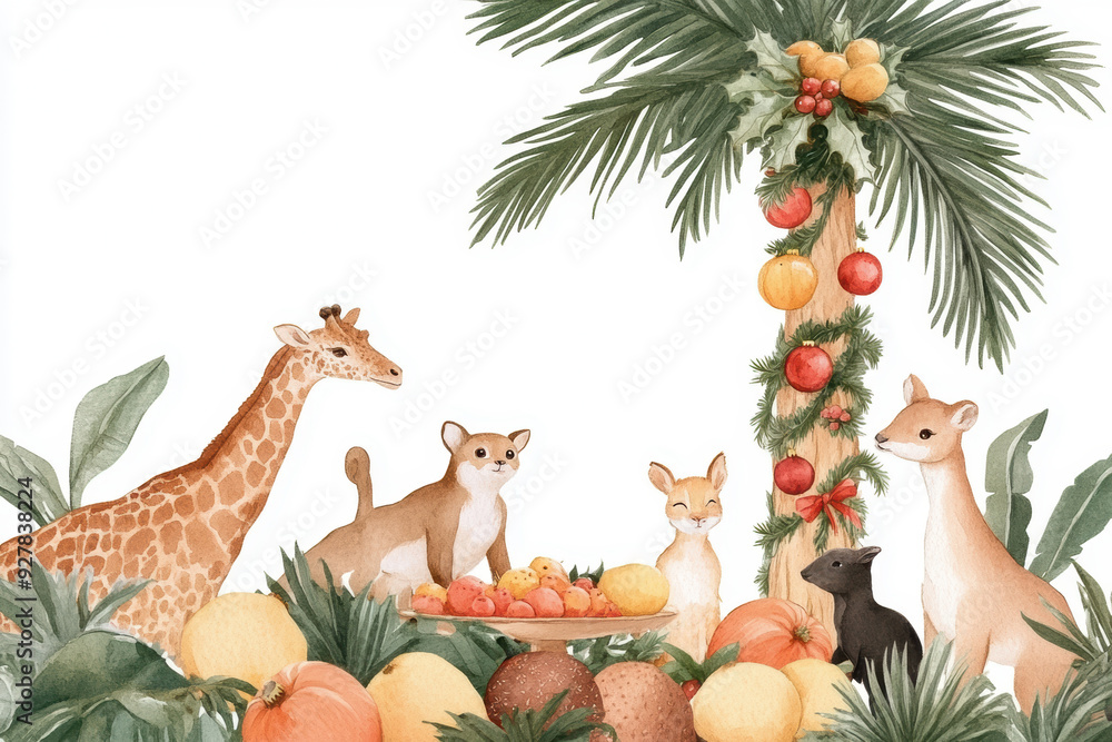 Obraz premium A whimsical scene featuring animals gathering around a tropical palm tree and colorful fruits in a lush jungle setting. watercolor Style