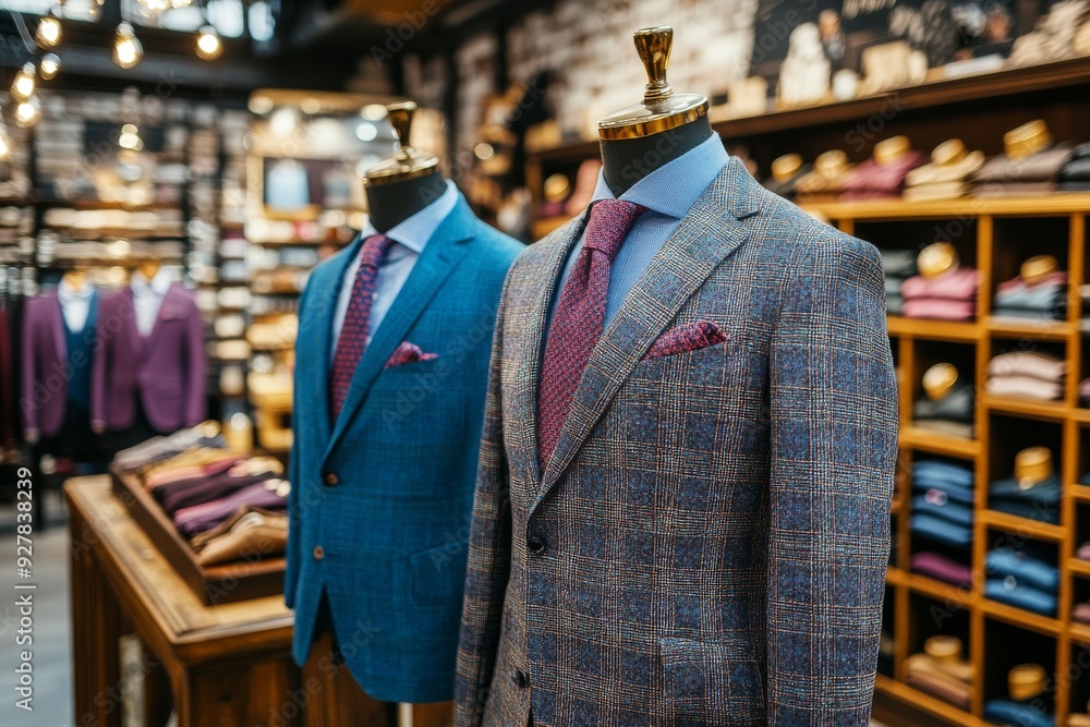 Elegantly dressed mannequin in a blue tweed suit showcased in a boutique highlighting detailed craftsmanship Elegantly dressed mannequin in a blue tweed suit showcased in a boutique highlighting detailed craftsmanship