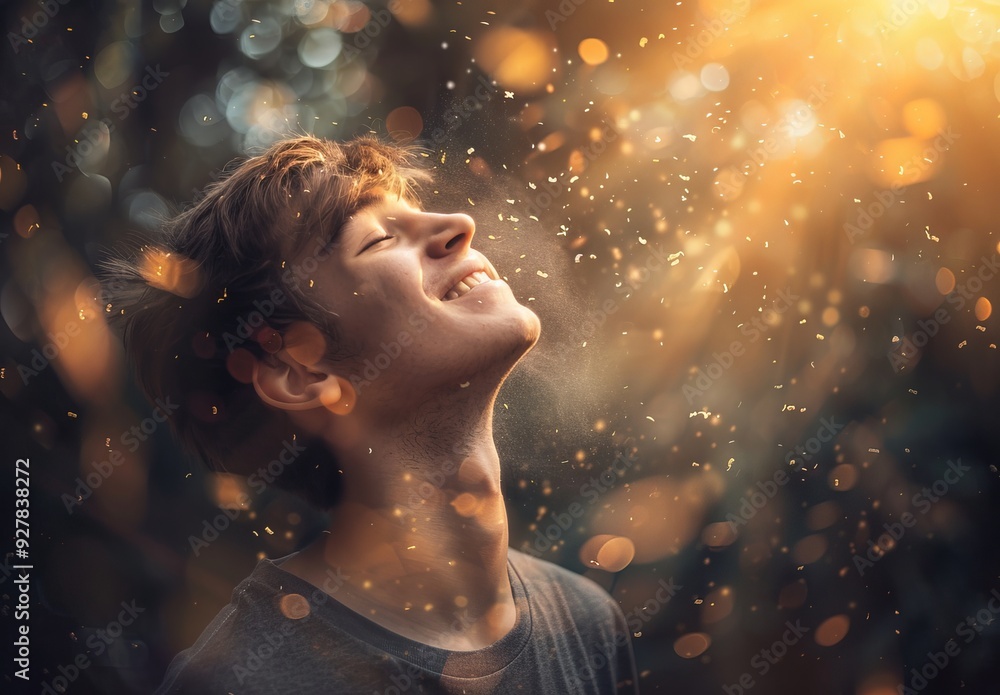 Young Man Joyfully Gazing Up at the Bright Sky Filled with Hope Young Man Joyfully Gazing Up at the Bright Sky Filled with Hope