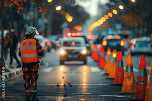 Traffic police officers managing vehicle flow during evening rush hour photo