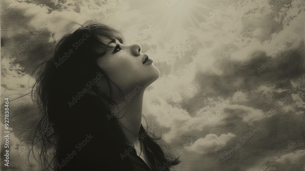 Ethereal Charcoal Drawing of Young Woman Gazing at Dramatic Sky. Ethereal Charcoal Drawing of Young Woman Gazing at Dramatic Sky.