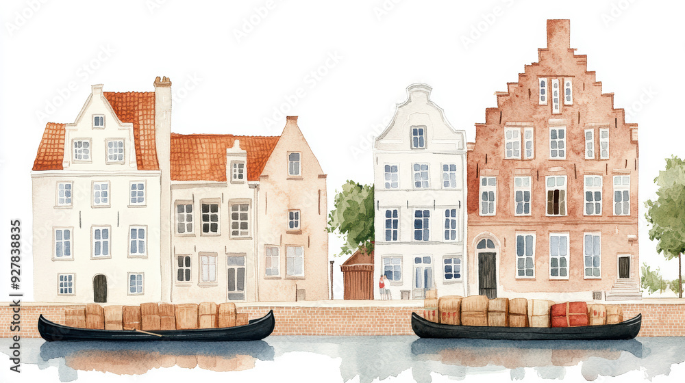 Fototapeta premium Charming waterfront scene featuring colorful houses and boats, perfect for travel or lifestyle themes. watercolor Style