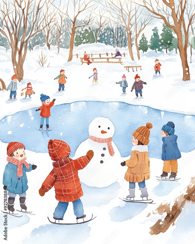 Children enjoying winter activities, building a snowman and skating on a frozen pond, creating joyful memories in the snow. watercolor Style Children enjoying winter activities, building a snowman and skating on a frozen pond, creating joyful memories in the snow. watercolor Style