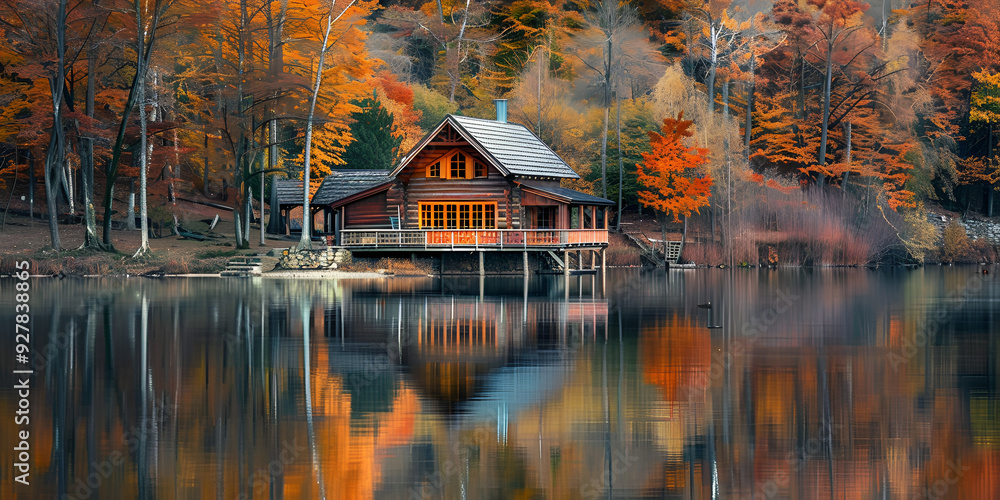 Fototapeta premium Cabin by Autumn Lake