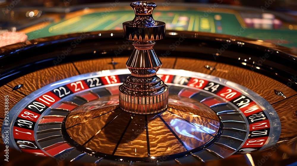 Closeup of a casino roulette wheel with the ball in the center and the numbers 13, 22, and 27 visible. Closeup of a casino roulette wheel with the ball in the center and the numbers 13, 22, and 27 visible.