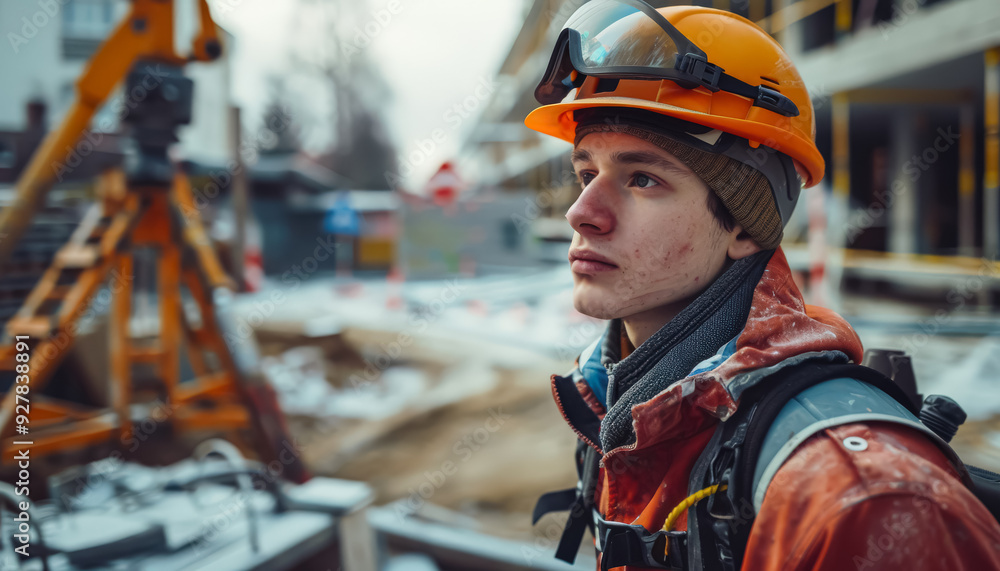 A man in an orange jacket and goggles stands in front of a construction site. He is wearing a hard hat and a scarf around his neck A man in an orange jacket and goggles stands in front of a construction site. He is wearing a hard hat and a scarf around his neck