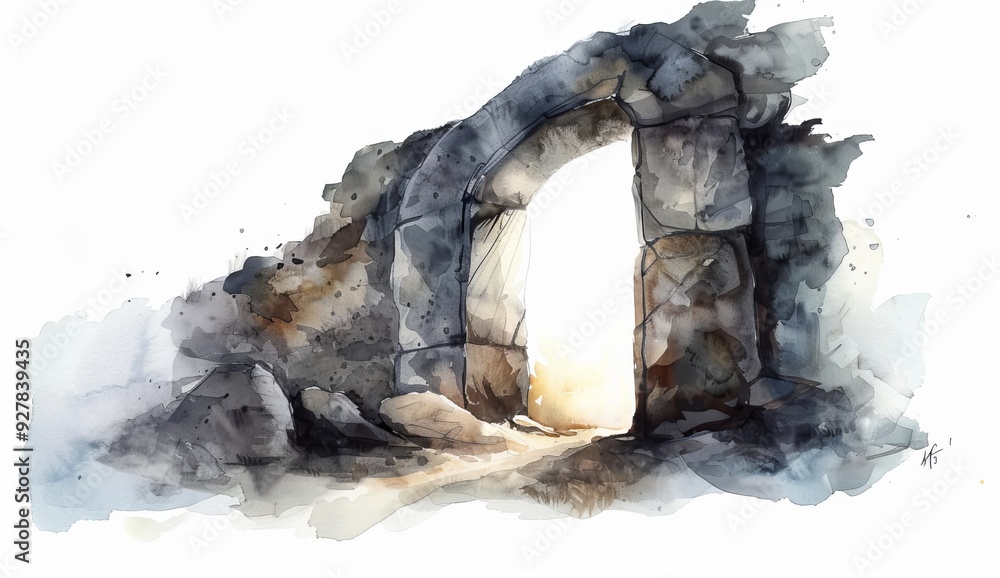 Fototapeta premium Ancient Tomb with Open Stone Door Illuminated by Soft Light.