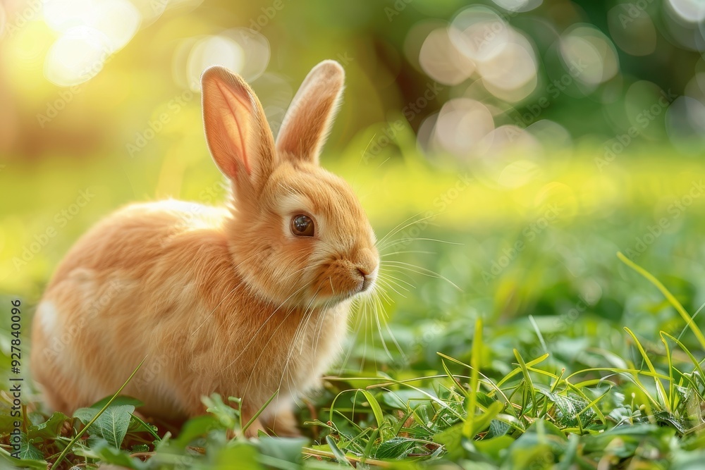 Adorable baby bunny on green garden background symbol of Easter and Chinese zodiac for 2023 Adorable baby bunny on green garden background symbol of Easter and Chinese zodiac for 2023