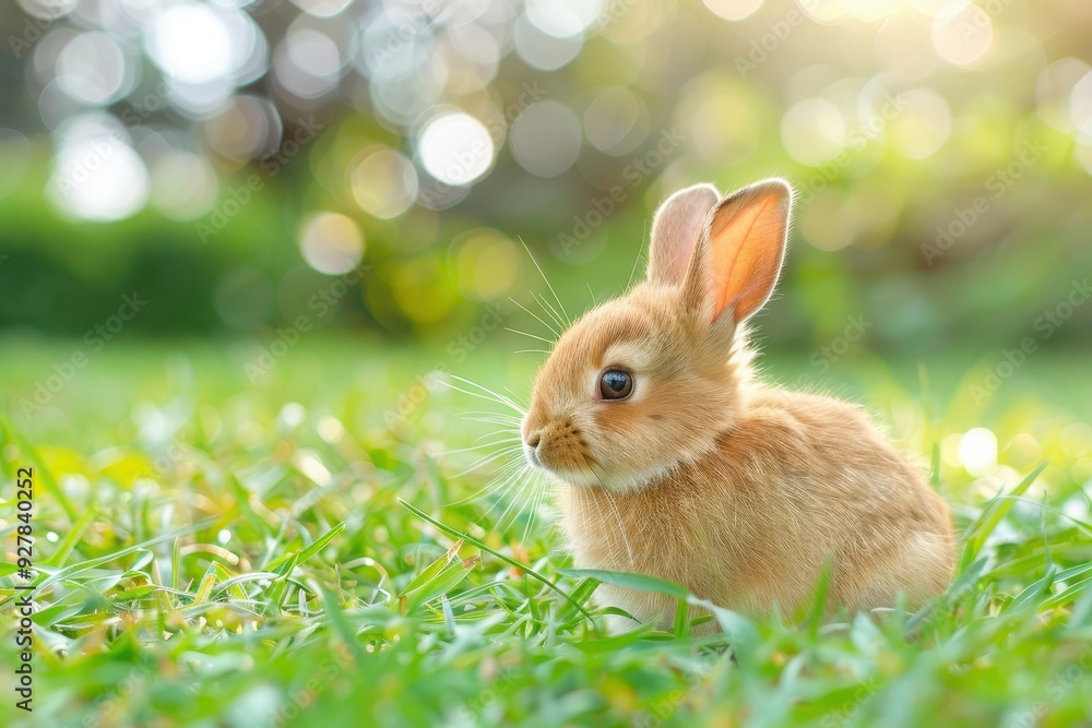 Adorable brown rabbit playing in garden with green grass background in spring Adorable brown rabbit playing in garden with green grass background in spring