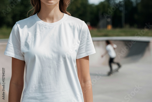 Female model wearing a blank white T-Shirt. T-shirt Mockup for print design. Blank White Shirt Design Template. Without face. Outdoor skate park setting. Urban Background. T-Shirt Design Presentation.