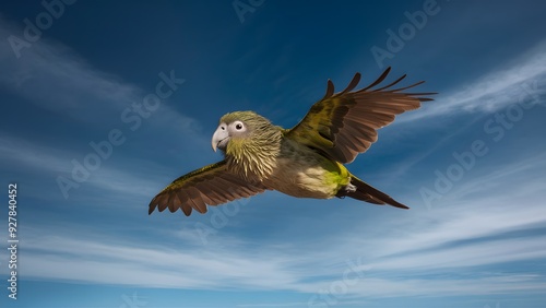 Kakapo Bird Flying Under Blue Sky Background, Realistic Photo, Wallpaper, Cover and Screen for Smartphone, Cell Phone, Computer, Laptop