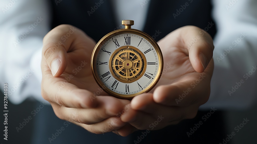 Closeup of a man's hands holding a vintage pocket watch with roman numerals. Closeup of a man's hands holding a vintage pocket watch with roman numerals.