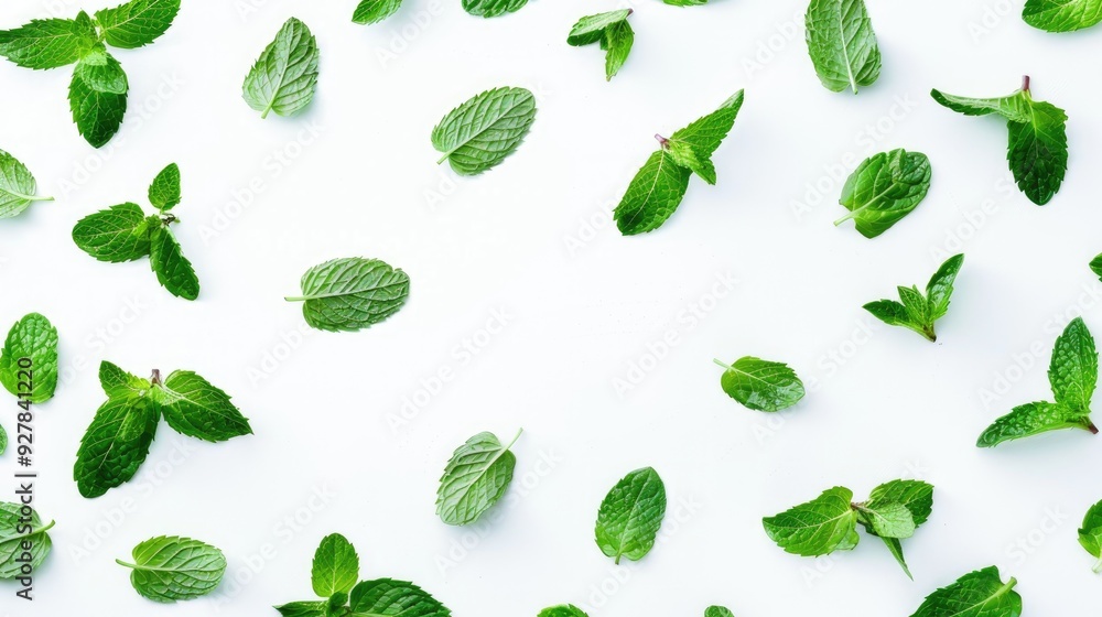 Mint leaves on white background with copy space Top view pattern Mint leaves on white background with copy space Top view pattern