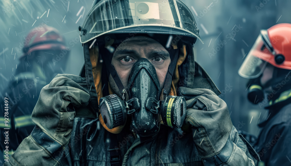 Fototapeta premium A man in a yellow helmet and orange jacket is putting on a gas mask. The scene is set in a factory or industrial setting