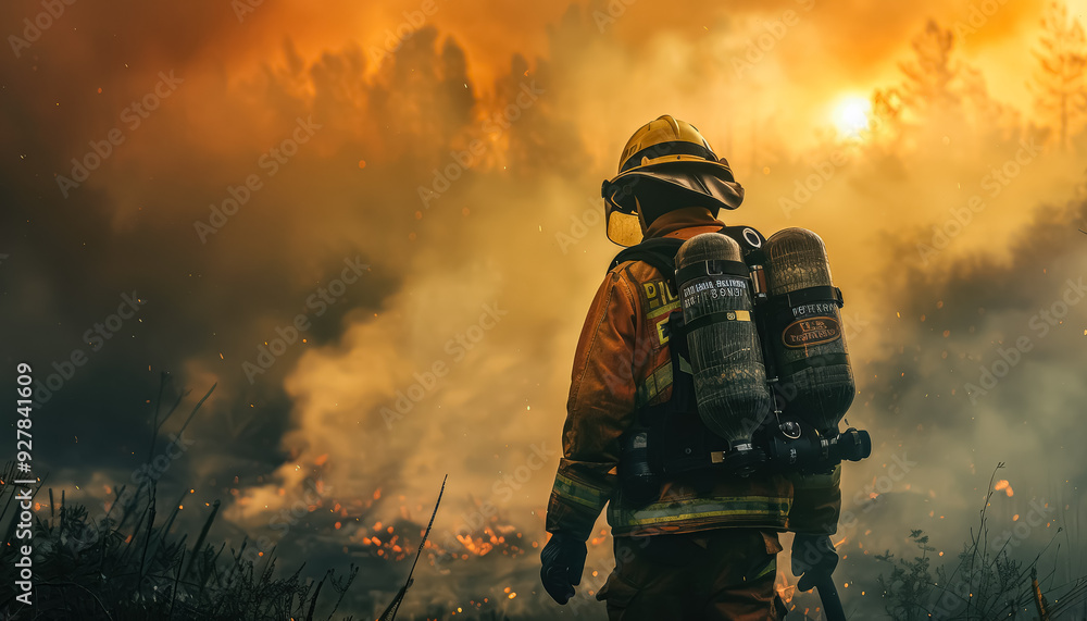 Fototapeta premium A firefighter is walking through a field of fire. The sky is orange and the fire is spreading