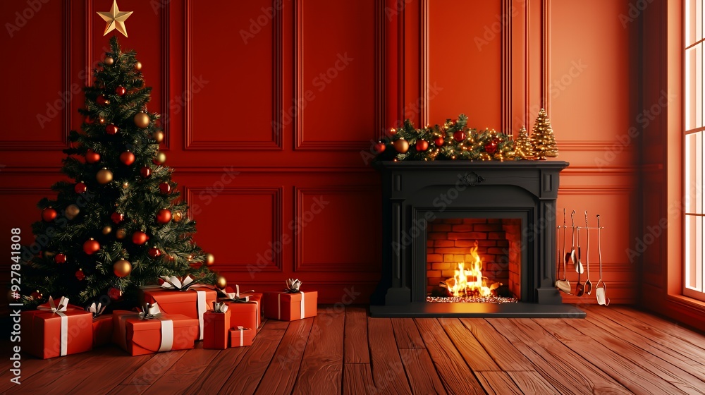 Christmas tree with red ornaments, presents, and fireplace in red room. Christmas tree with red ornaments, presents, and fireplace in red room.
