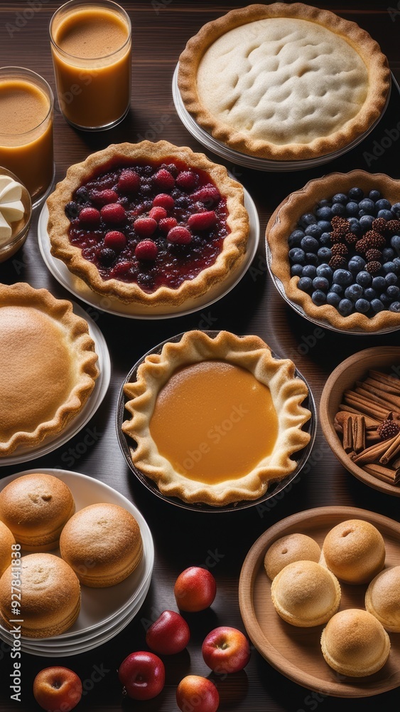 A table set with assorted pies and pastries in a kitchen or bakery environment. A table set with assorted pies and pastries in a kitchen or bakery environment.