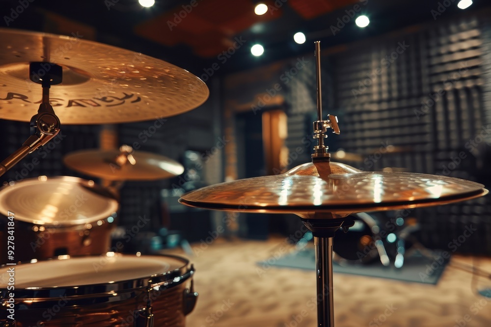 Obraz premium Contemporary home music studio with black drum set cymbals Percussion instrument Ad space