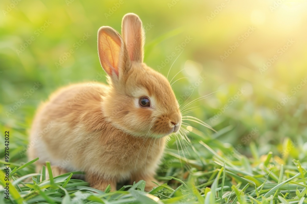 Cute baby rabbit on green garden background Icon of Easter Cute baby rabbit on green garden background Icon of Easter