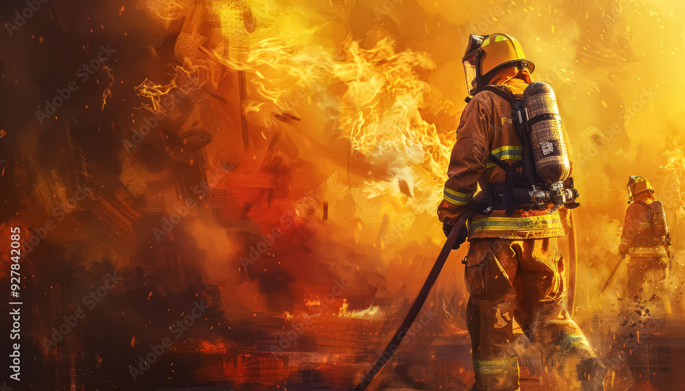 Naklejka premium A firefighter is walking through a field of fire. The sky is orange and the fire is spreading