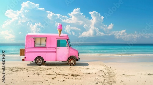 Fototapeta Naklejka Na Ścianę i Meble -  Beautiful ice cream truck on sea beach with blue sea and sky