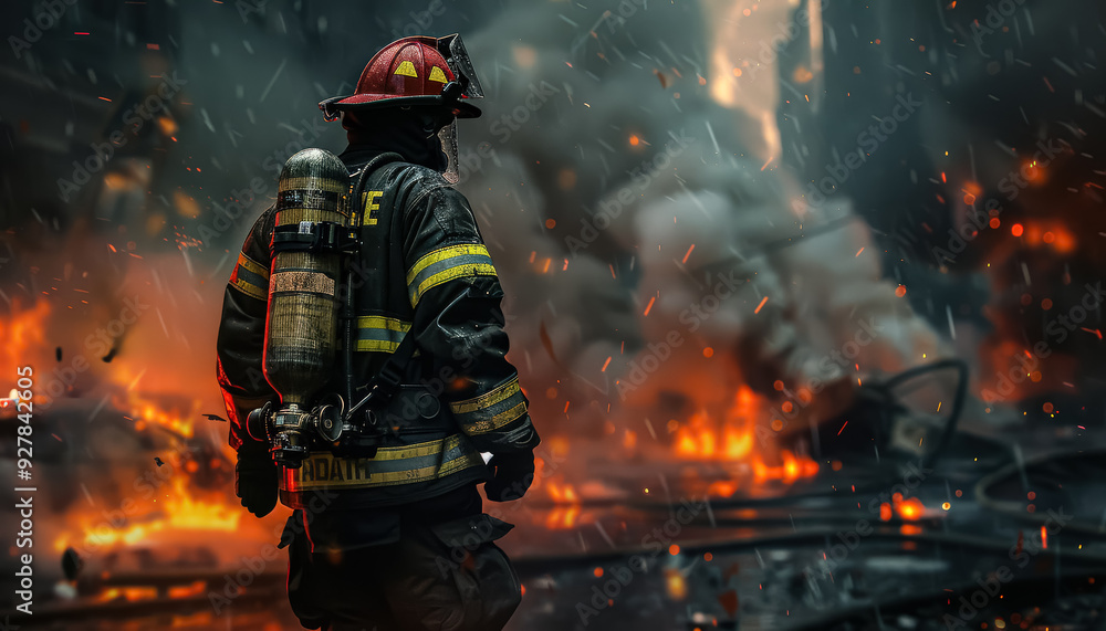 A firefighter is walking through a field of fire. The sky is orange and the fire is spreading A firefighter is walking through a field of fire. The sky is orange and the fire is spreading