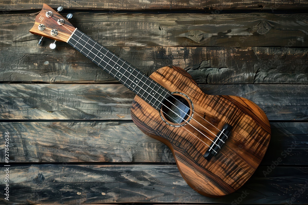 Fototapeta premium Hawaiian koa bass ukulele on wooden background
