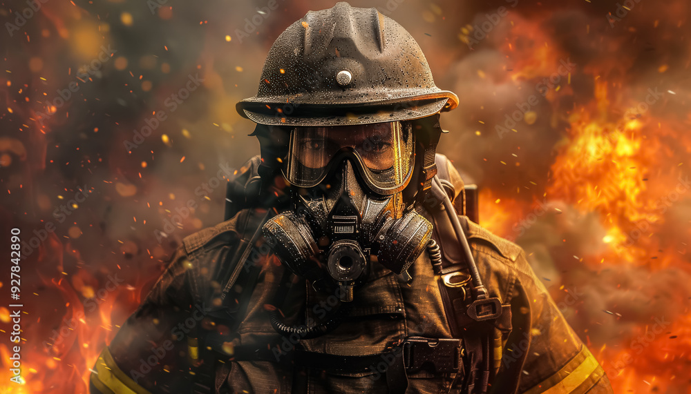 A firefighter is walking through a field of fire. The sky is orange and the fire is spreading A firefighter is walking through a field of fire. The sky is orange and the fire is spreading