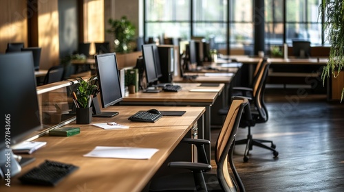 A well-organized office with desks arranged in rows, each equipped with a computer and neatly arranged documents