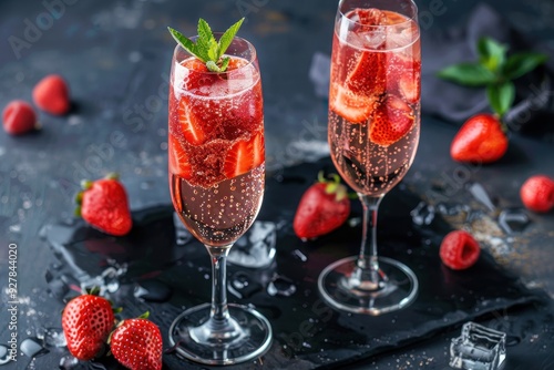 Rossini cocktail of sparkling wine strawberry puree ice in champagne glasses space for text focus on the drink