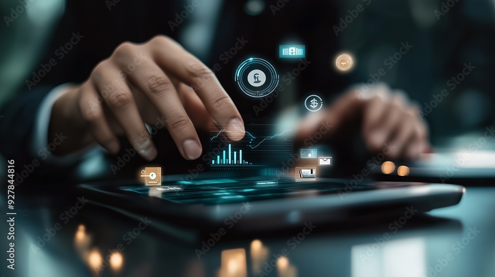 Close-up of hand interacting with a digital tablet displaying financial data and graphs. Close-up of hand interacting with a digital tablet displaying financial data and graphs.