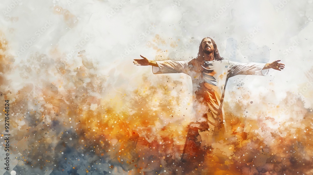 Naklejka premium Watercolor Illustration of Jesus Christ with Open Arms and Splashes.