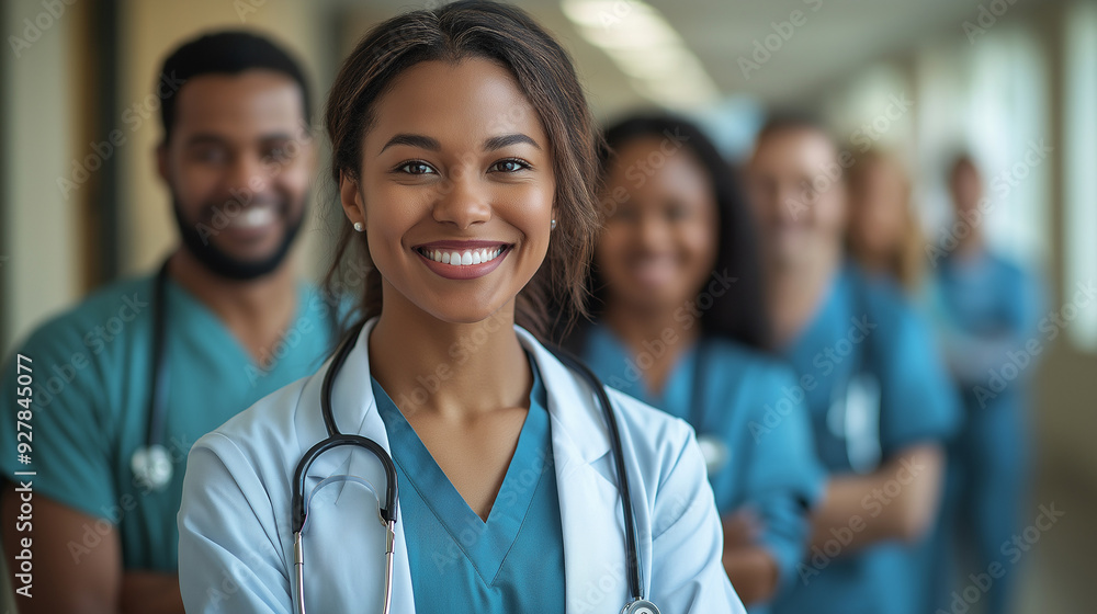 Smiling Confident Female Doctor Leading a Diverse Medical Team in Hospital Hallway