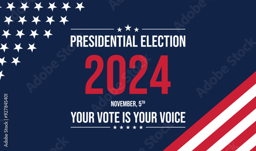 USA 2024 Presidential Election background with American flag colors design. Election event banner, card, poster, template, voting communication, background. Vote day, November 5. Vector illustration.