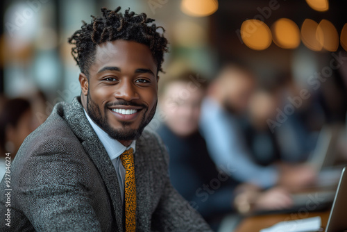 A group of colleagues discussing work in a modern office, with a man in a suit actively participating and smiling during the meeting.